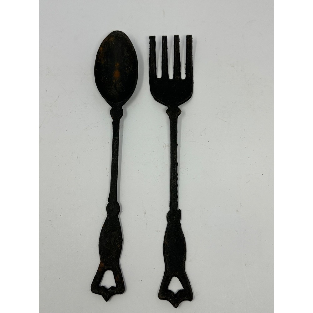 Vintage MCM Black Cast Iron Wall Decorative 12" Fork & Spoon U5